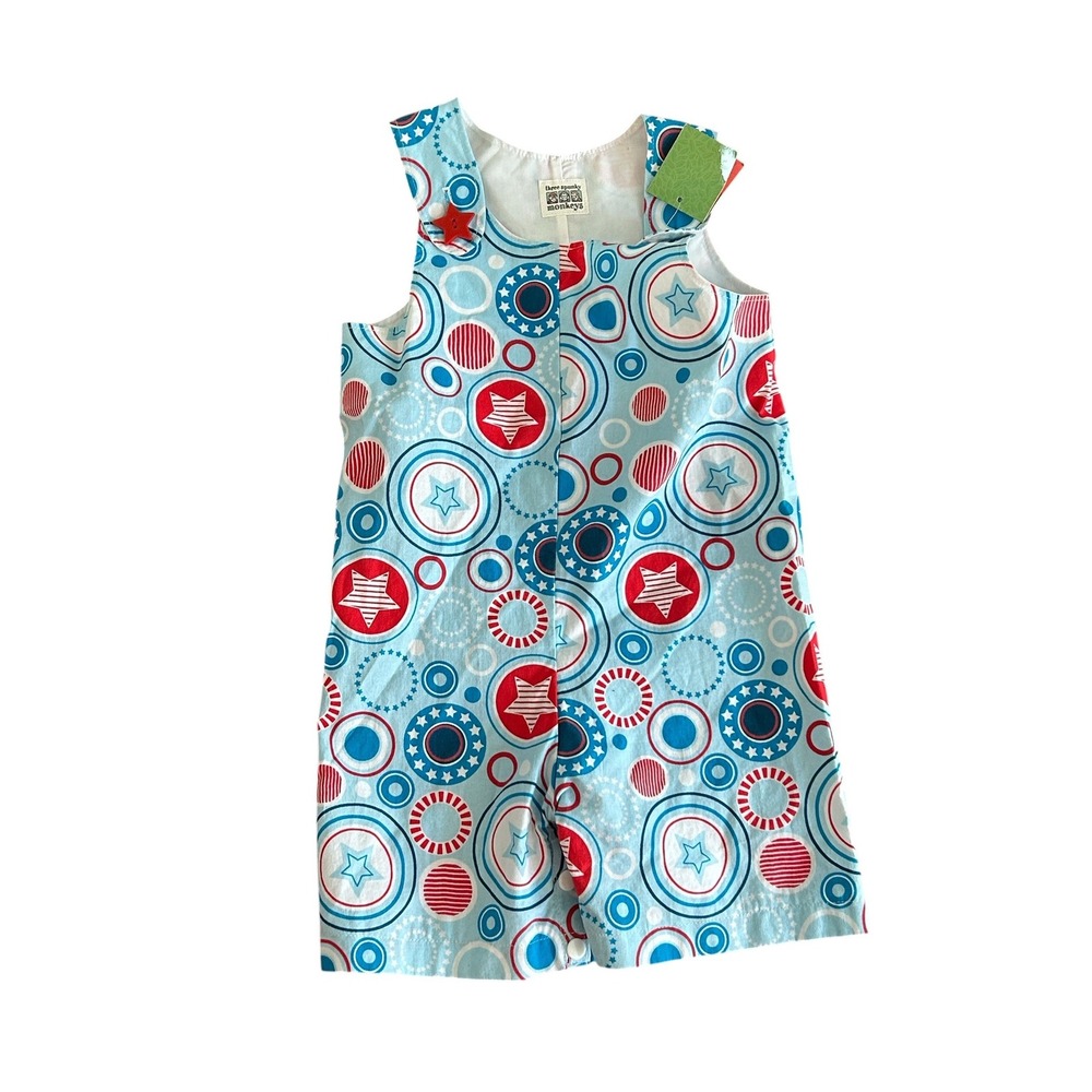 Three Spunky Monkeys Toddler 2T Patriotic Star Print Romper Blue Handmade NWT